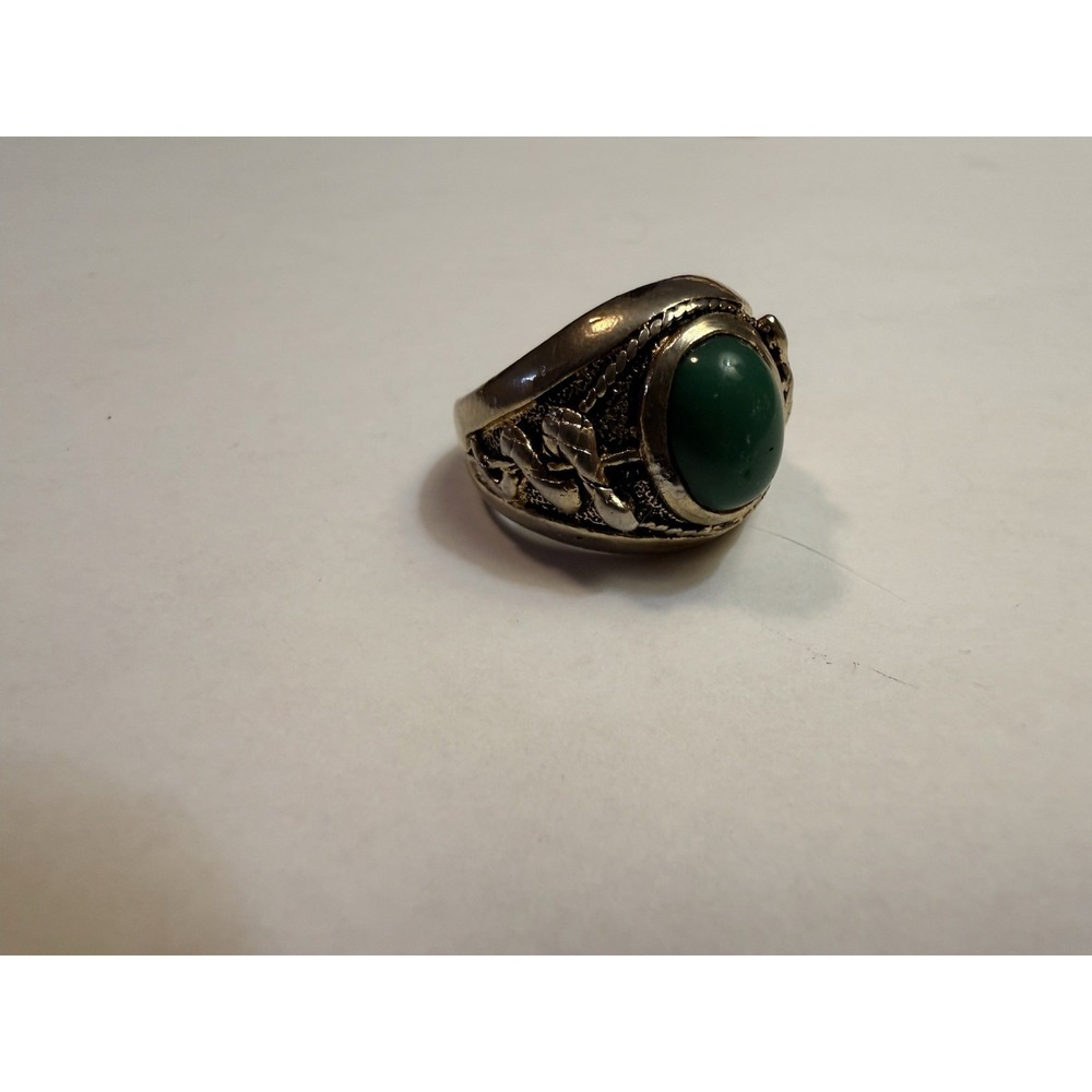 Vintage Snake Ring Green Cabochon Stone Silver Tone Signet Statement Size 10.5